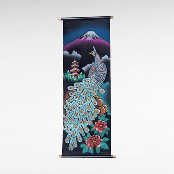 Vintage Japanese Scroll Mount Fuji Peacock Velvet Handpainted Wall Art