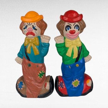 1975 Ceramic Two-Face Clown Bank Pair, Vintage Happy Sad Piggy Banks, Circus Decor
