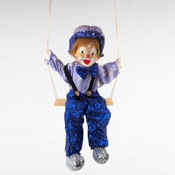 Vintage Porcelain Blue Clown Doll, Hanging, Collectible Circus Decor