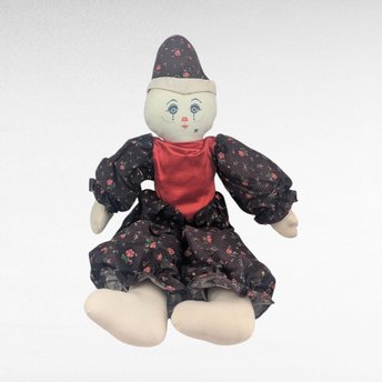 Vintage Handmade Cloth Clown Doll, 20 Inch Soft Fabric Jester Figurine, Collectible One of a Kind Folk Art Toy