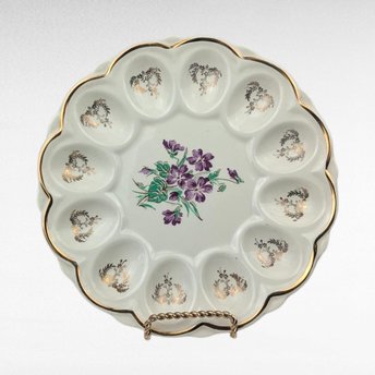 Vintage Ceramic Deviled Egg Tray, Plate, Purple Violets, Gold Trim, 9.25 Inch, Floral Appetizer Server, Holiday Entertaining