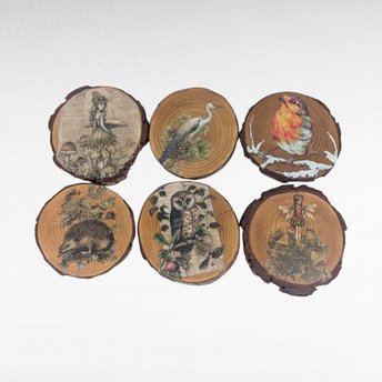 Vintage Handmade Wood Slice Coasters Set of 6, Nature Fairy & Bird Transfer Designs, Rustic Drinkware, Woodland Cabin Decor Gift