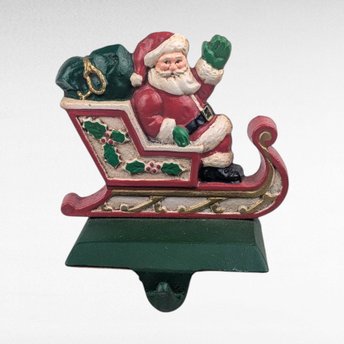 Vintage Midwest of Cannon Falls Cast Iron Santa Sleigh Stocking Holder, Christmas Mantle Decor, Collectible Waving Santa Hanger