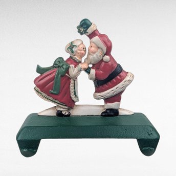 Vintage Midwest Cannon Falls Cast Iron Kissing Santa Mrs Claus Double Stocking Holder, Mistletoe Christmas Mantle Hanger Pair
