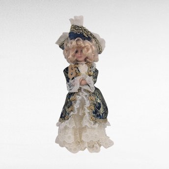 Vintage Porcelain Victorian Lady Doll, 10 Inch, Blue Gold Gown, Lace Hat, Blonde Curls, Collectible Doll, Boudoir Figurine