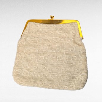 Vintage Beaded Clutch Purse, 1950s 60s White Scroll Handbag, Gold Frame Evening Bag, Gift for Her