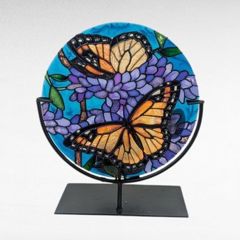 Vintage Joan Baker Designs Handpainted Glass Candle Holder, Monarch Butterfly Art Disc with Stand, Stained Glass Style Home Decor