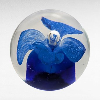 Vintage Clear Glass Paperweight, Blue Flower Center, 2.25" Round, Floral Desk Accessory, Collector Gift, Art Glass Bloom