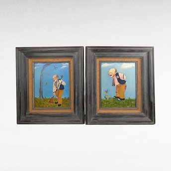 Pair of Whimsical Clown Paintings, Vintage Framed Art Set, Unique Circus Decor, Colorful Wall Hanging