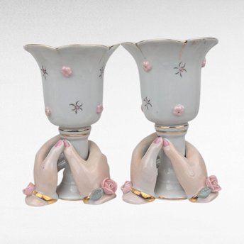 Vintage Pair of Ceramic Hands Holding Candle Holders, Vases, Pink Roses, Gold Trim, Mid Century, Vanity Decor, Shabby Chic, Figural