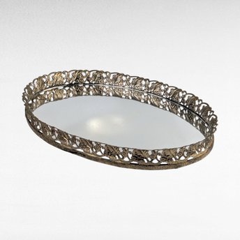 Vintage Gold Filigree Oval Mirror, Vanity Tray, Dresser Organizer, Perfume Display