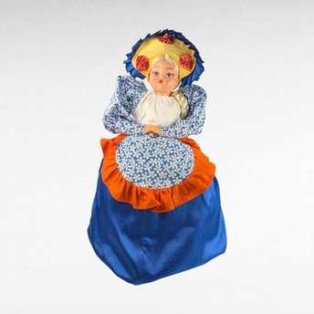 Vintage Handmade Teapot Cozy Doll, 19-Inch Tall, Blue & Orange Dress, Plastic Face, Country Kitchen Charm