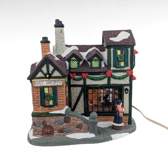1999 Santa's Workshop Ball & Skein Knit Shoppe, Lighted Ceramic Christmas Village House, Holiday Decor