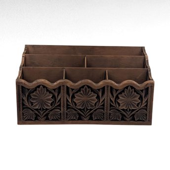 Vintage Lerner Faux Carved Wood Floral Desk Organizer, Dark Brown Desktop Mail Sorter, Office Letter Bill Holder, Classic Study Accessory