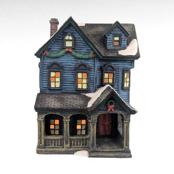 Vintage O'Well Lighted Blue Christmas Village House, Ceramic Holiday Home Decor, Collectible Two-Story Winter Scene Building