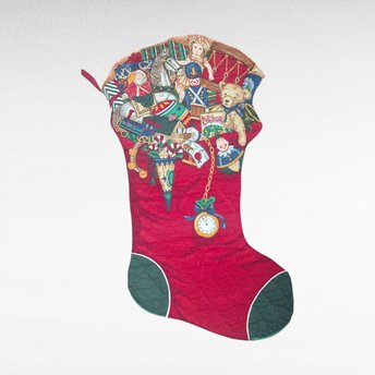 Large Vintage Handmade Christmas Stocking, 30 Inch Quilted Holiday Decor with Classic Toy Images, Jumbo Mantel Stocking