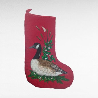 Handmade Quilted Christmas Stocking, 14.5", Red Waterfowl, Goose Design, Vintage Holiday Mantle Decor, Outdoorsman Gift