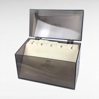 Vintage 1980s Index Card Box, Smoked Plastic Recipe Box, 5x8 Card File Holder with Dividers, Office Storage