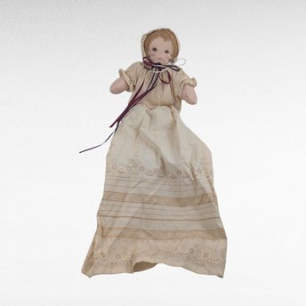 Vintage Handmade Cloth Doll with Long Lace Dress & Bonnet, Folk Art Style Fabric Doll, Traditional Nursery Decor, Collector Soft Doll