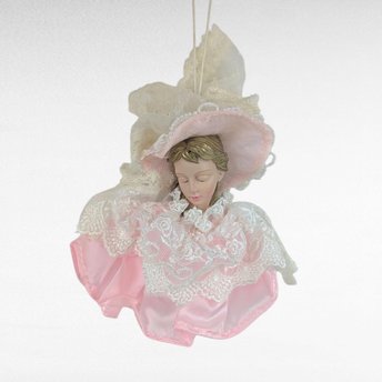 Vintage Doll Head Ornament Plastic Face, Pink Satin Lace Dress Bonnet, 5 Inch Victorian Style Hanging Lady, Shabby Chic Decorative Accent