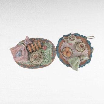 Vintage Resin Picnic Basket Tea Party Ornament Set, Detailed Miniature, Food Drink Theme, Hanging Decor