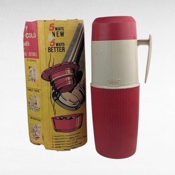 Vintage 1960s Thermos Wide Mouth Vacuum Bottle No. 6402, Quart Size Red and White Insulated Food Jar with Original Box, Classic Camping Jug