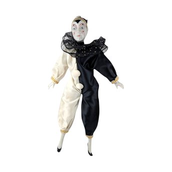 Vintage Harlequin Doll, Black and White Clown Doll, Porcelain Doll, Collectible Doll, 15 Inch Doll, Gift for Doll Collector