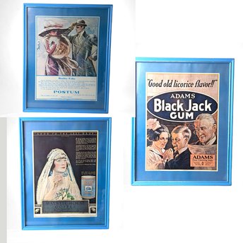 Set of 3 Vintage Framed Ad Prints, Black Jack Gum, Maxwell House Coffee, Postum Beverage, Retro Decor, Advertising Art