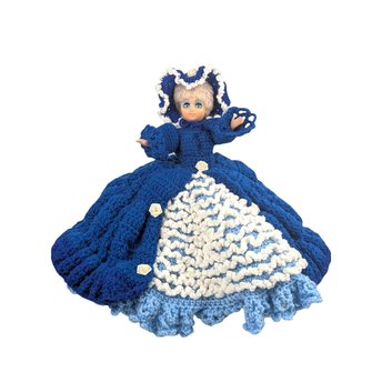 Vintage Handmade Crochet Lady Doll, Blue Dress and Bonnet, Folk Art Doll, Textile Art, Collectible Doll, Unique Gift, Home Decor