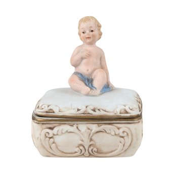 Bisque Porcelain Trinket Box, Baby with Blue Blanket Figurine, Keepsake Box, Nursery Decor, Gift for Baby Shower, Christening Gift