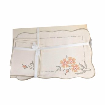 Vintage Bucilla Cross Stitch Placemat Set with Napkins, Unused Floral Embroidered Linens for Farmhouse Cottage Dining Table Decor