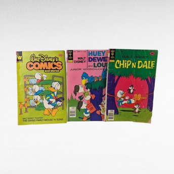 Vintage Disney Comic Book Lot of 3, 1960s-70s Whitman Comics, Huey Dewey & Louie, Chip n Dale, Low Grade Reader Copy Bundle