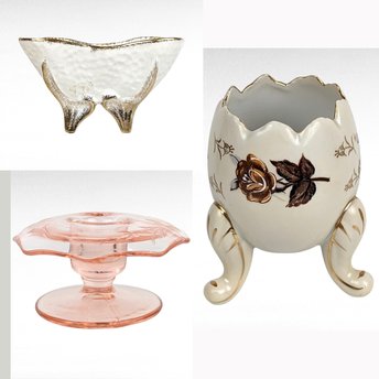 Vintage Decor Lot, Cream Bowl, Pink Glass Candlestick, Napcoware Egg Vase, 1950s Decor, Gift for Collector