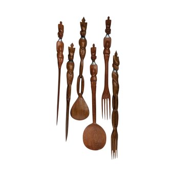 Hand Carved Tribal Wooden Utensils, African Art, Decorative Utensils, Wall Decor, Set of 6