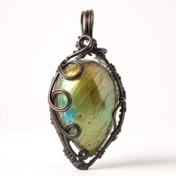 Handmade Labradorite Pendant | Copper Wire Wrapped | Green, Blue & Yellow Hues | 2.5" | Unique Gift