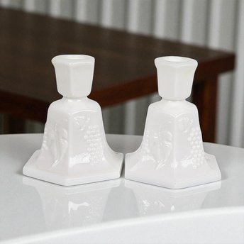 Vintage Fostoria Milk Glass Candle Holders, Pair, Grape Pattern, 4.25 Inches - Mid-Century Modern