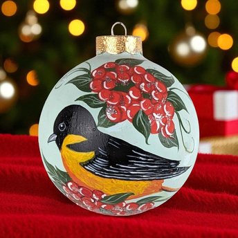 Vintage Hand Painted Bird Christmas Ornament, Baltimore Oriole Ornament, Glass Ornament, Red Berries, Nature Lover Gift, Holiday Decor