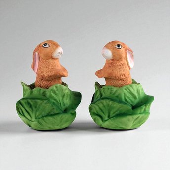 Vintage Bunny Figurines, Pair of Bunnies in Lettuce, Ceramic Bunnies, Easter Decor, Spring Decor, Collectible Figurines