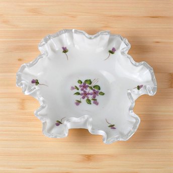 Vintage Fenton Violets in the Snow Milk Glass Dish | Ruffled Candy Dish | Trinket Dish | Collectible Glassware