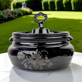 Vintage L.E. Smith Mt. Pleasant Black Glass Bean Pot with Lid | Black Amethyst Glassware |  Collectible Kitchenware | Serving Dish