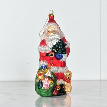Vintage Large Glass Santa Ornament, Christmas Tree Ornament, Santa with Toys and Puppy, Holiday Decor, Figural Ornament