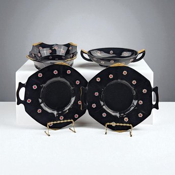 Vintage Imperial Glass Black and Gold Bowl Set with Daisy Design, Handled Bowls and Plates, Elegant Tableware, Gift for Hostess, Collector