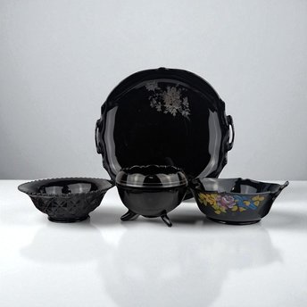 Vintage Black Glass Bowl Set, LE Smith Plate, Hand Painted Floral Bowl, Footed Bowl, Diamond Block Bowl, Gift for Collector, Home Decor