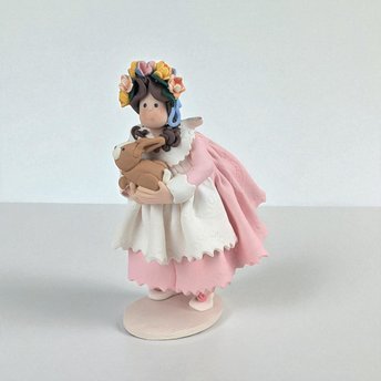 Vintage Handmade Clay Girl with Bunny Figurine, Signed Kathie, Whimsical Folk Art Decor