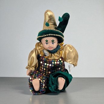 Vintage Little Irish Jester Doll, Porcelain Head Hands Feet, 9.25 Inch Height, Collectible Irish Decor, Whimsical Shelf Display