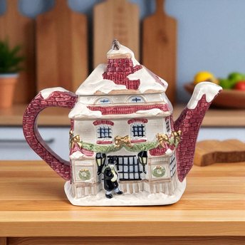 1997 Fitz and Floyd Dickens Ceramic Teapot, Christmas Carol House with Tiny Tim, Holiday Tea Service, Decorative Collectible Teapot