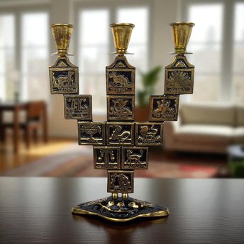 Vintage Goldtone & Black Enamel Astrological Candelabra, 3 Arm Candlestick Holder, Zodiac Candle Holder, Celestial Decor