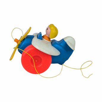 Vintage 1980s Fisher Price Pull Toy Airplane with Pilot - Blue and Yellow Plane - 8" Long - Toddler Gift - Retro Toy