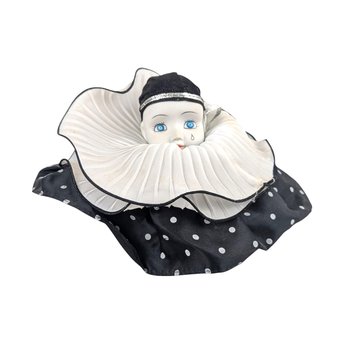 Vintage Sad Clown Head Music Box, Black & White Porcelain, Rotating Base, Unique Gift, Collectible Clown Decor