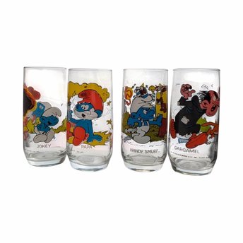Vintage 1982 Smurf Tumblers, Set of 4, Papa, Jokey, Gargamel, Handy Smurf, Collectible Smurf Glasses, Gift for 80s Nostalgia